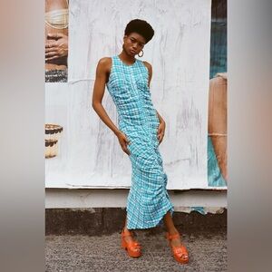 Wray Josephine Ruched Dress in Ocean Blue Gingham Check Size Small Midi Dress
